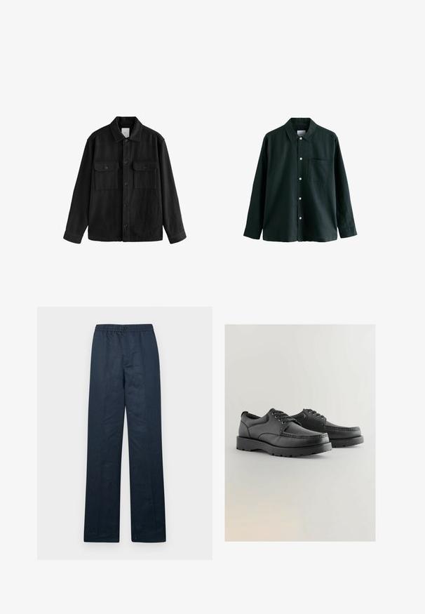 Sort oversized skjorte lavet af blødt stof, med lange ærmer, to brystlommer, knaplukning foran og en klassisk kravedesign.; Mørkegrøn skjorte med knaplukning, krave, lange ærmer og en enkelt brystlomme; har hvide knapper og en blød tekstur.; Marineblå linnedbukser med afslappet pasform, elastisk talje og enkelt knaplukning. Har lige ben og minimal tekstur.; Sorte lædersko med struktureret overdel, rund tå, snørebåndsdesign og tykke gummisåler med et slidbanemønster.