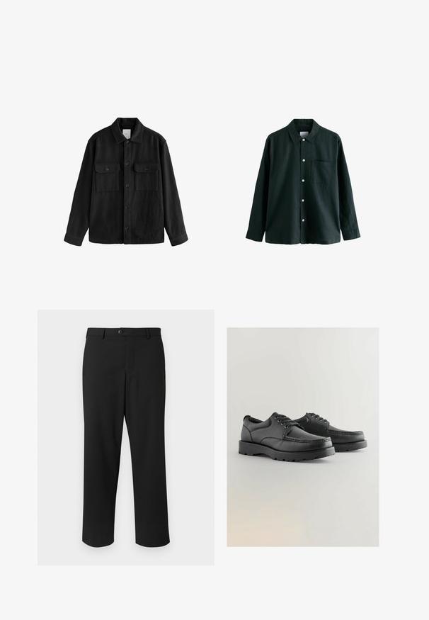 Melna pārspīlēta krekla, kas izgatavots no mīksta auduma, iezīme ir garas piedurknes, divas krūšu kabatas, pogu aizdare un klasiskā apkakle.; Tumši zaļš krekls ar apkakli, garām piedurknēm un vienu krūšu kabatu; ir baltas pogas un maiga tekstūra.; Melni bikses, kas izgatavotas no gludas auduma, ar taisnu kāju dizainu, priekšējo rāvējslēdzēju un vienu priekšējo pogu. Nav redzamu rakstu.; Melnas ādas kurpes ar teksturētu virsotni, apaļu purngali, auklu aizdari, un biezām gumijas zolēm ar profilētu rakstu.