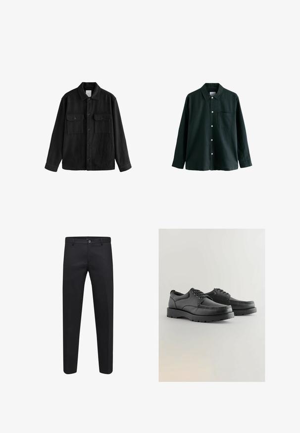 Juodas per didelis marškinis, pagamintas iš minkštos medžiagos, su ilgomis rankovėmis, dviem krūtinės kišeliais, mygtukais priekyje ir klasikiniu apykaklės dizainu.; Tamsiai žalia marškinėliai su apykakle, ilgomis rankovėmis ir viena krūtinės kišene; turi baltus mygtukus ir švelnų tekstūrą.; Juodos pritaikytos kelnės, pagamintos iš lygaus audinio, su mygtuko uždarymo sistema, diržo kilpomis ir šoninėmis kišenėmis, tiesaus kirpimo.; Juodos odinės bateliai su tekstūruota viršutine dalimi, apvaliu priekiu, raištelių dizainu ir storais guminiais padais su protektoriumi.