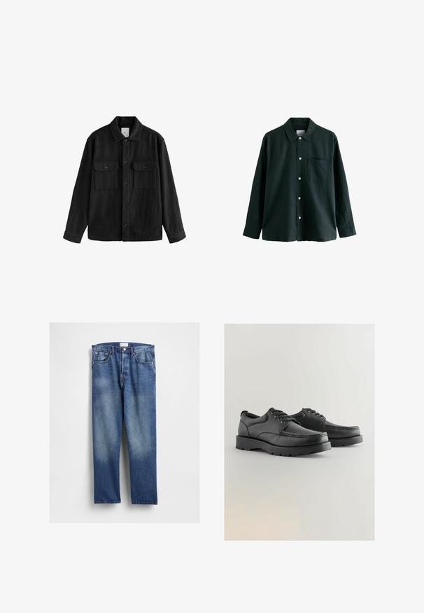 Must have suure ja pehmest kangast oversize-särk, millel on pikad varrukad, kaks rinnataskut, nööpidega esiosa ja klassikaline krae.; Tume roheline nööbitav särk, millel on krae, pikad varrukad ja üks rindade tasku; sisaldab valgeid nööpe ja pehmet tekstuuri.; Sinised teksapüksid sirgete sääreosadega, esiküljel tuhmumisega, klassikalise viie tasku kvaliteediga ning taskutel metallnööpnõeltega.; Mustad nahast kingad tekstuuriga ülemise osa, ümmargune varvas, paelkinnitusega disain ja paksud kummist tallad, millel on pidurdamise muster.