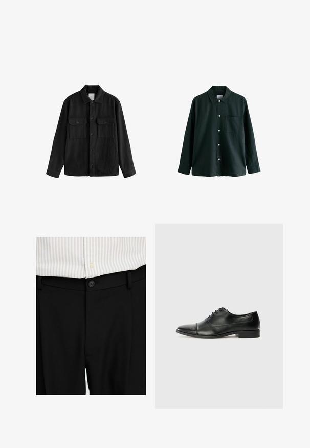 Czarna, oversize koszula wykonana z miękkiego materiału, z długimi rękawami, dwiema kieszeniami na piersi, z przodem zapinanym na guziki oraz klasycznym kołnierzem.; Ciemnozielona koszula z długim rękawem i kołnierzykiem, posiadająca jedną kieszeń na piersi; wyróżnia się białymi guzikami i miękką fakturą.; Czarnie dopasowane spodnie z gładką teksturą, z zapięciem na guziki i szlufkami na pasek, zestawione z jasną koszulą w paski.; Czarne skórzane buty do garnituru z wąskim noskiem, sznurowane, z subtelnymi detalami szycia. Posiadają niski, blokowy obcas i gładkie, błyszczące wykończenie.