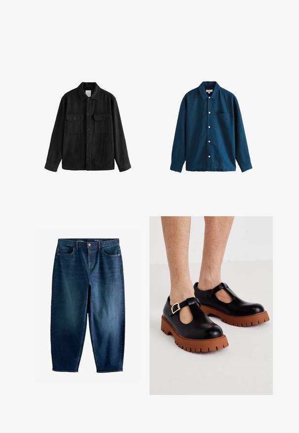 Černá oversized košile vyrobená z měkké látky, s dlouhými rukávy, dvěma náprsními kapsami, předním zapínáním na knoflíky a klasickým límcem.; Modrá košile s dlouhým rukávem a knoflíky, která má klasický límec, jedno náprsní kapsu a bílé knoflíky. Měkká textilie s mírným leskem.; Tmavě modré džíny s Barrel fit střihem, pěti kapsami, jemným odřením a kontrastním prošitím. Vyrobené z denimu s hladkým povrchem.; Černé kožené T-páskové boty s masivní hnědou podrážkou, vybavené sponou a designem zaoblené špičky. Je viditelná textura podrážky s vroubkováním.