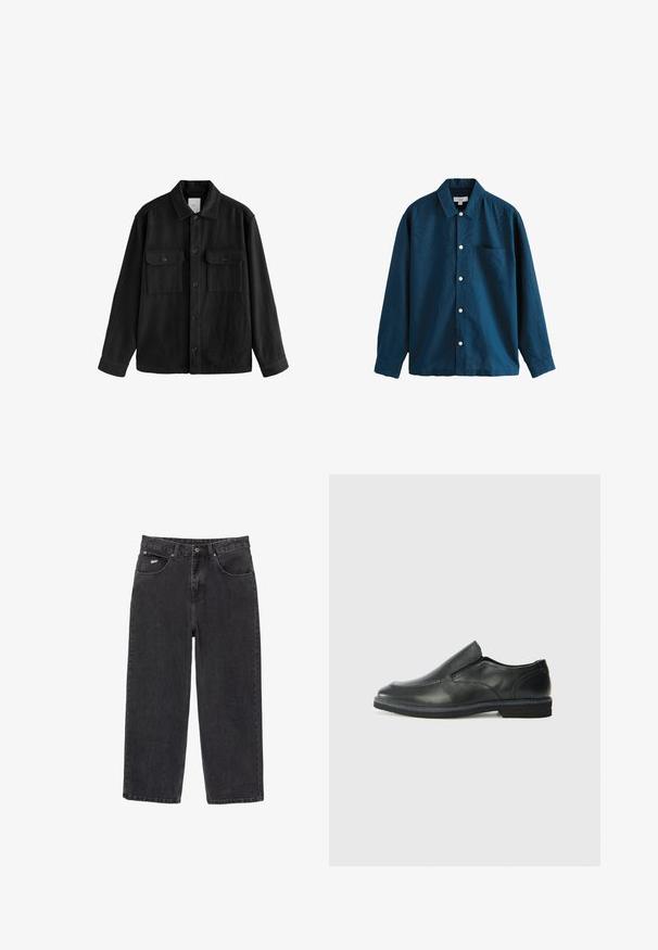 Sort oversized skjorte lavet af blødt stof, med lange ærmer, to brystlommer, knaplukning foran og en klassisk kravedesign.; Blå langærmet skjorte med knapper, der har en klassisk krave, en enkelt brystlomme og hvide knapper. Blød tekstur med en let glans.; Sorte straight-leg denim jeans med fem lommer og knaplukning, der har et lille hvidt logo på den forreste højre lomme.; Sorte læder slip-on sko med en glat overdel, syede detaljer, rund tå og en lav gummihæl. Sålen har minimal profil.