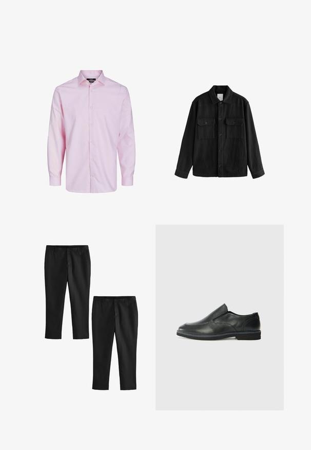 Crna oversized košulja od mekog materijala, s dugim rukavima, dva džepa na prsima, gumbom sprijeda i klasičnim dizajnom ovratnika.; Svijetloružičasta košulja dugih rukava s gumbima napravljena od pamuka. Ima klasičan ovratnik, prednje gumbe i glatku teksturu. Jednostavan dizajn.; Crne krojene hlače s glatkom teksturom, s ravnim krojem nogavica i srednje visokim strukom. Prikazane su dvije varijante, od kojih su jedne skraćene.; Crne kožne cipele na sklapanje s glatkom gornjom površinom, prošivenim detaljima, zaobljenim vrhom i niskim gumene potplate. Potplat ima minimalne uzorke.