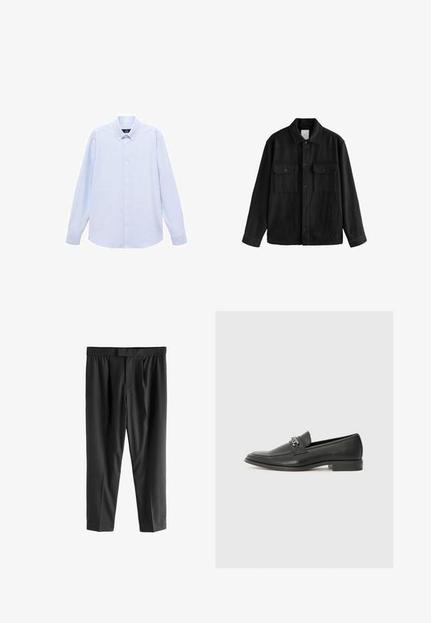 Cămașă neagră supradimensionată dintr-un material moale, având mâneci lungi, două buzunare pe piept, închidere cu butoane și un guler clasic.; Cămașă cu mâneci lungi de un albastru deschis, cu guler clasic, tiv drept și o textură subtilă. Prezintă un închidere centrală cu nasturi.; Next REGULAR FIT -CHECK SMART - Pantaloni chino - black; Pantofii negri din piele cu un finisaj neted, având un design cusut și un accent decorativ de lanț metalic peste partea de sus. Toc plat.