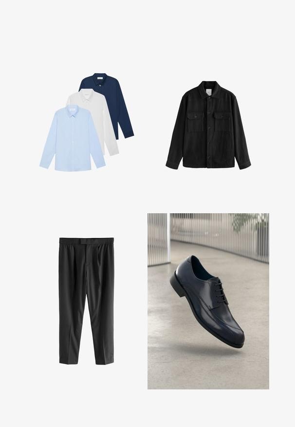 Schwarzes, übergroßes Hemd aus weichem Material, mit langen Ärmeln, zwei Brusttaschen, Knopfverschluss und klassischem Kragen.; Drei Langarmhemden: hellblau, weiß und marineblau. Alle haben einen klassischen Kragen und eine knöpfbare Vorderseite, aus glattem Stoff gefertigt.; Next REGULAR FIT -CHECK SMART - Chino - black; Glänzender schwarzer Leder-Dressschuh mit Schnürsenkeln, schwebend über einem glatten, hellgrauen Boden und vertikalen Metallstäben im Hintergrund.