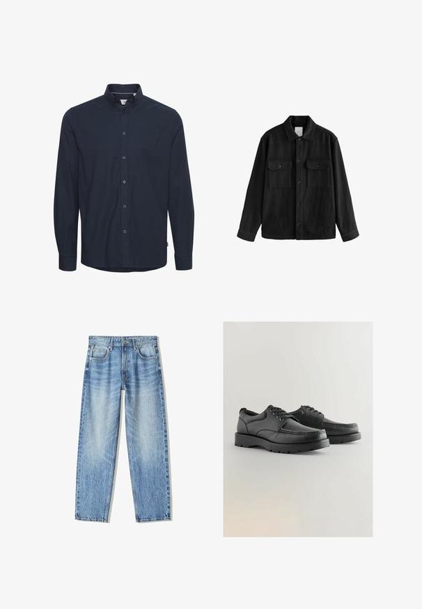 Musta ylipitkä paita, joka on valmistettu pehmeästä kankaasta. Paidan ominaisuuksiin kuuluvat pitkät hihat, kaksi rintataskua, nappisulku ja klassinen kaulussuunnittelu.; Tummansininen pitkähihaisia paita, joka on valmistettu puuvillasta. Siinä on nappikaulus, etunapit ja tavalliset hihansuut. Silkkinen pinta ilman kuvioita.; Vaaleansinisiä farkkuja, joissa on väljä istuvuus, suoralahkeinen muotoilu, viisi taskua ja haalistunut pinta. Sisältää edessä napin ja vetoketjun.; Mustat nahkakengät, joissa on teksturoitu pinta, pyöreä kärki, nauhakiinnitys ja paksut kumipohjat, joissa on kuvio.