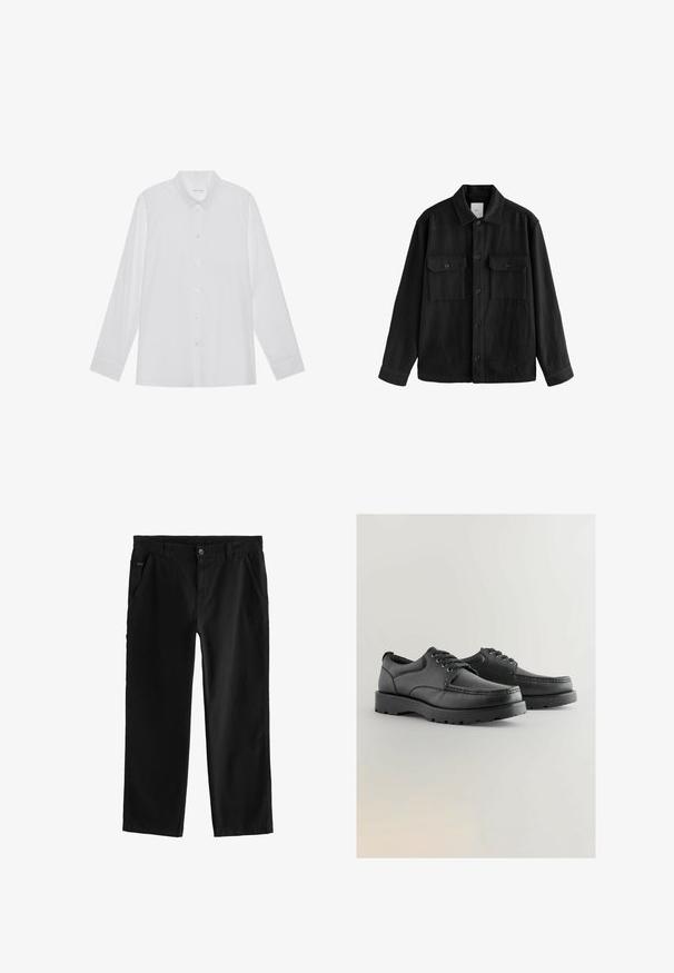 Fekete, túlnyúló ing puha anyagból, hosszú ujjakkal, két mellzsebbel, gombos elülső résszel és klasszikus gallér dizájnnal.; Fehér, hosszú ujjú ing sima anyagból, hegyes gallérral, elöl gombos záródással és egy gombos mandzsettákkal.; Fekete pamut nadrág egyenes szárú dizájnnal, első gombos záródással, ferde oldalsó zsebekkel és diszkrét varrási részletekkel.; Fekete bőr cipők textúrált felsőrésszel, kerek orral, fűzős kialakítással és vastag gumitalppal, amely barázdált mintázattal rendelkezik.