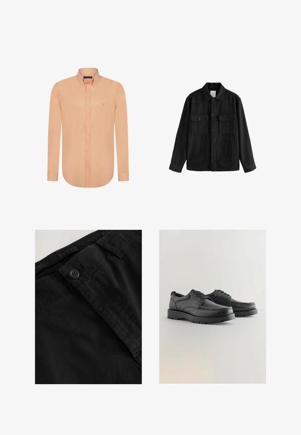 Zwarte oversized shirt gemaakt van zachte stof, met lange mouwen, twee borstzakken, een knoopsluiting aan de voorkant en een klassiek kraagontwerp.; Felix Hardy Overhemd - salmon; Zwarte katoenen broeken met een gladde textuur, een knoopsluiting, riemlussen en een tailleband. Bovenaanzicht dat de stof benadrukt.; Zwarte leren schoenen met een gestructureerde bovenkant, ronde neus, vetersluiting en dikke rubberen zolen met een patroon.
