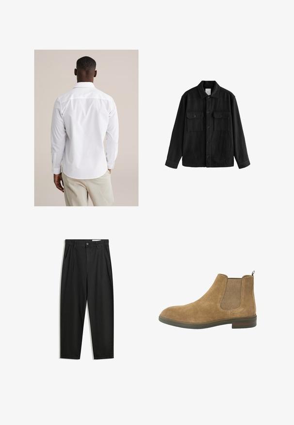 Camicia nera oversize in tessuto morbido, con maniche lunghe, due tasche sul petto, chiusura a bottoni e un classico design del colletto.; Camicia bianca con bottoni, maniche lunghe, realizzata in tessuto liscio. Presenta un colletto classico, orlo curvo e polsini con un solo bottone.; Pantaloni in cotone neri con una vestibilità rilassata, dotati di una vita classica, pieghe frontali e tasche laterali. Tessuto liscio senza fantasie.; Stivale Chelsea in suede color tan con pannelli elastici laterali, punta rotonda e un tassello di pull; suola di gomma resistente e dettagli in tessuto testurizzato.