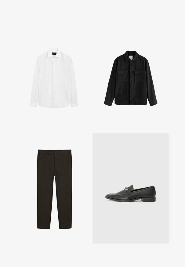 Schwarzes, übergroßes Hemd aus weichem Material, mit langen Ärmeln, zwei Brusttaschen, Knopfverschluss und klassischem Kragen.; Weißes Langarm-Hemd mit Knopfleiste, das ein dezentes Streifenmuster, einen klassischen Kragen und einen abgerundeten Saum aufweist. Aus leichtem Stoff gefertigt.; Dunkelbraune, gewebte Stoffhose mit geradem Bein, vorderen Taschen und einem Knopfverschluss an der Taille. Glatte Textur.; Schwarzer Lederloafer mit glatter Oberfläche, ausgestattet mit einer gesteppten Gestaltung und einem dekorativen Metallkettendetail über dem Vorderblatt. Flacher Absatz.
