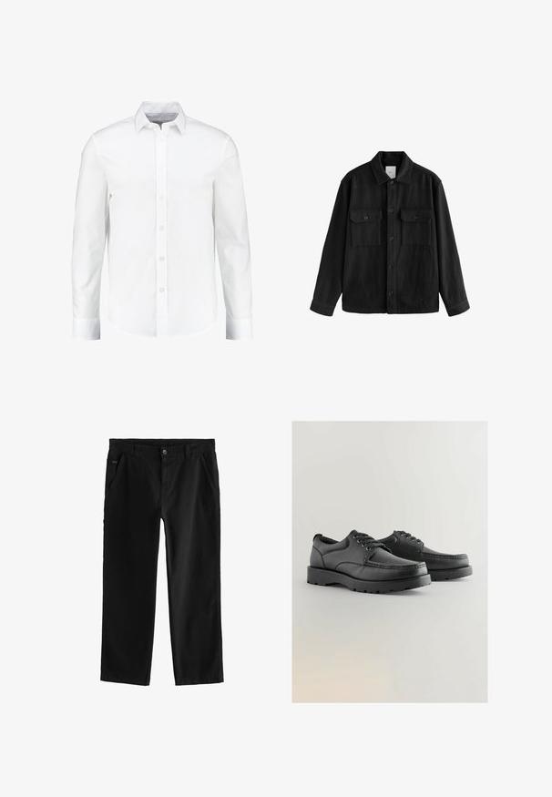 Zwarte oversized shirt gemaakt van zachte stof, met lange mouwen, twee borstzakken, een knoopsluiting aan de voorkant en een klassiek kraagontwerp.; Witte lange mouwen overhemd met knopen, gemaakt van glad katoen. Heeft een klassieke kraag en een knoopsluiting aan de voorkant met een rechte zoom.; Zwarte katoenen broek met een rechte pijpdesign, voorzien van een knoopsluiting aan de voorkant, schuine zijzakken en subtiele stikdetails.; Zwarte leren schoenen met een gestructureerde bovenkant, ronde neus, vetersluiting en dikke rubberen zolen met een patroon.