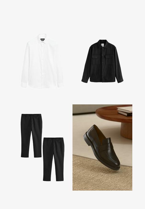 Camicia nera oversize in tessuto morbido, con maniche lunghe, due tasche sul petto, chiusura a bottoni e un classico design del colletto.; Camicia bianca con colletto button-down, maniche lunghe e pattina dei bottoni frontale. Il tessuto appare liscio con una leggera lucentezza.; Pantaloni neri su misura con una texture liscia, caratterizzati da un design a gamba dritta e vita media. Vengono mostrati due modelli, uno accorciato.; Mocassino in pelle nera con finitura liscia, punta rotonda e una fascia decorativa sulla parte superiore. Tacco in gomma basso, posizionato su una superficie texture.