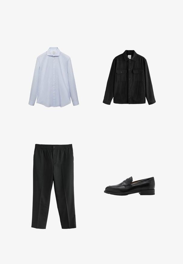 Camicia nera oversize in tessuto morbido, con maniche lunghe, due tasche sul petto, chiusura a bottoni e un classico design del colletto.; Camicetta azzurra chiara a maniche lunghe con strisce verticali bianche, colletto a punta, e bottoni frontali. Tessuto liscio con una vestibilità strutturata.; Pantaloni neri in tessuto con vita elastica e un singolo bottone. Design a gamba dritta senza tasche visibili.; Mocassini in pelle nera con punta cucita e tacco piatto. Texture liscia con punta arrotondata e una fascia decorativa sopra il collo del piede.