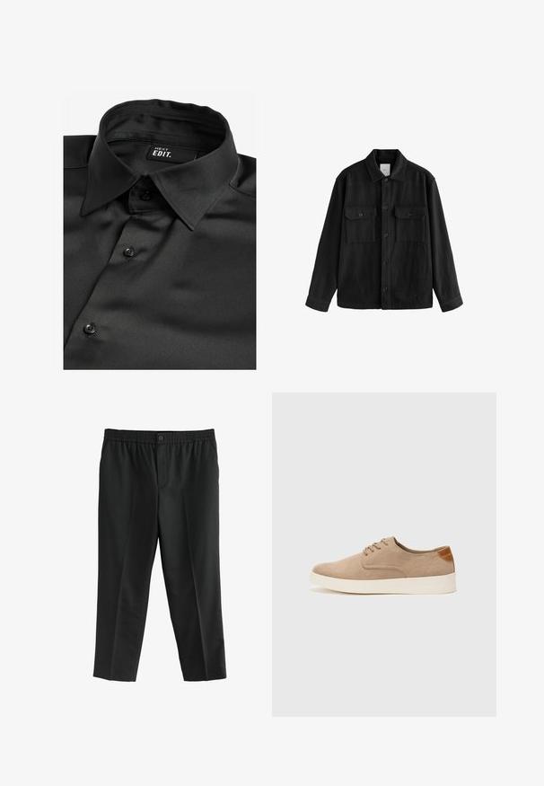 Musta ylipitkä paita, joka on valmistettu pehmeästä kankaasta. Paidan ominaisuuksiin kuuluvat pitkät hihat, kaksi rintataskua, nappisulku ja klassinen kaulussuunnittelu.; Next EDIT LONG SLEEVE- REGULAR FIT - Vapaa-ajan kauluspaita - black; Mustat housut, jotka on valmistettu kankaasta ja joissa on joustava vyötärö ja yksi nappi. Suorat lahkeet ilman näkyviä taskuja.; Beige nubuck-lenkkarit, joissa on pyöreä kärki, nauhakiinnitys ja teksturoitu takaosa. Valkoinen kumipohja tuo kontrastia. Yksinkertainen ja moderni muotoilu.
