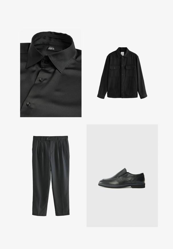 Zwarte oversized shirt gemaakt van zachte stof, met lange mouwen, twee borstzakken, een knoopsluiting aan de voorkant en een klassiek kraagontwerp.; Next EDIT LONG SLEEVE- REGULAR FIT - Overhemd - black; Grijze pinstripebroek met een geplooide voorkant, gemaakt van een gladde stof, met een knoopsluiting en rechte pijpen.; Zwarte leren instapper met een soepele bovenkant, gestikte accenten, ronde neus en een lage rubberen hak. De zool heeft minimale profiel.