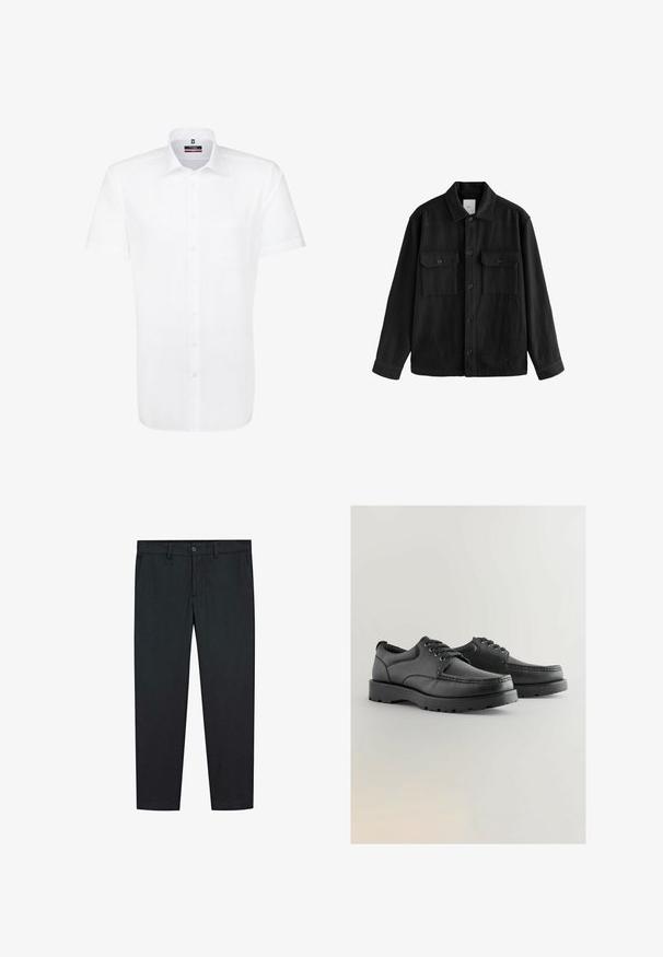 Zwarte oversized shirt gemaakt van zachte stof, met lange mouwen, twee borstzakken, een knoopsluiting aan de voorkant en een klassiek kraagontwerp.; Korte mouwen witte shirt van gladde stof, met een knopen sluiting aan de voorkant, kraag en een enkele borstzak. Geen patronen of accenten.; Zwarte broek met een recht ontwerp, gemaakt van een soepele stof. Bevat twee voorzakken en een knoopsluiting bij de taille.; Zwarte leren schoenen met een gestructureerde bovenkant, ronde neus, vetersluiting en dikke rubberen zolen met een patroon.