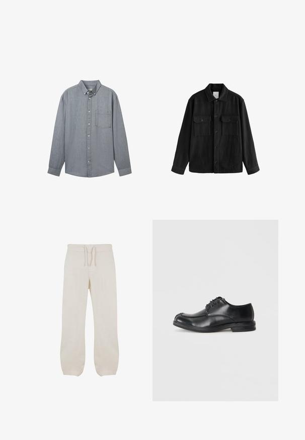 Schwarzes, übergroßes Hemd aus weichem Material, mit langen Ärmeln, zwei Brusttaschen, Knopfverschluss und klassischem Kragen.; Graues Hemd mit langen Ärmeln, Kragen, einer einzelnen Brusttasche und einem strukturierten Stoff. Mit sichtbaren Knöpfen entlang der Vorderseite verschlossen.; Hellbeige Leinenhose mit elastischem Bund und Kordelzug. Gerades Bein Design mit glatter Textur und leichtem Zuschnitt an den Knöcheln.; Schwarze Leder Schnürschuhe mit runder Zehenpartie, glatter Textur und niedrigem Absatz. Mit steppenden Details entlang der Oberseite und der Seiten.