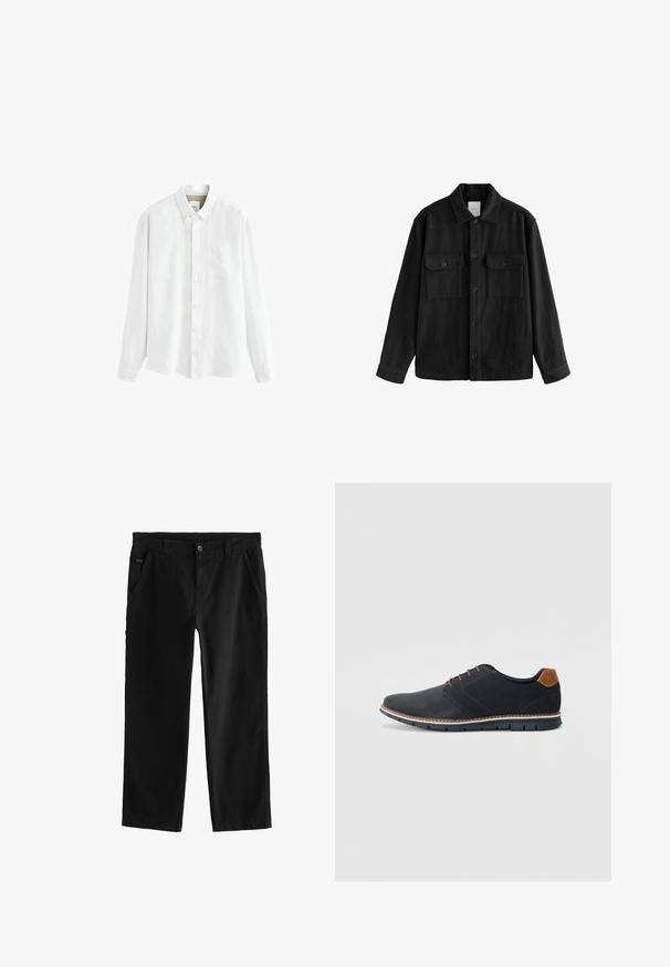 Svart oversized skjorta gjord av mjukt tyg, med långa ärmar, två bröstfickor, knappstängning fram och en klassisk kragsdesign.; Vit långärmad skorta i lätt tyg, med skjortkrage, bröstficka och klassisk knäppning.; Svarta bomullsbukser med en rak bendesign, med en framknap stängning, snedställda sidofickor och subtila sömnadsdetaljer.; Svarta syntetiska skor med en strukturerad ovandel, släta detaljer, brun klack och en kontrasterande sula. Har minimal snörning och sömdetaljer.