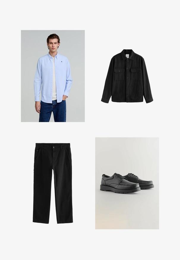 Svart oversized skjorta gjord av mjukt tyg, med långa ärmar, två bröstfickor, knappstängning fram och en klassisk kragsdesign.; Ljusblå skjorta i bomull med knappar, som har en liten svart dödskalle-logga på bröstet, kombinerad med blå denimjeans.; Svarta bomullsbukser med en rak bendesign, med en framknap stängning, snedställda sidofickor och subtila sömnadsdetaljer.; Svarta läderskor med strukturerad ovandel, rund tå, snörningsdesign och tjocka gummisulor med mönstrad sula.