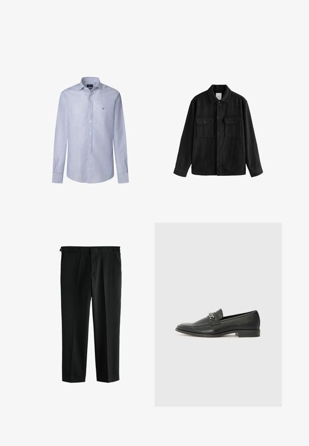 Černá oversized košile vyrobená z měkké látky, s dlouhými rukávy, dvěma náprsními kapsami, předním zapínáním na knoflíky a klasickým límcem.; Pruhovaná košile s dlouhým rukávem ve světle modré a bílé barvě z bavlny, s límečkem na knoflíky a malým vyšitým logem na hrudi.; Černé kalhoty s rovnými nohavicemi, vyrobené z hladké látky. Má dva přední kapsy a pas se smyčkami na pásek.; Černé kožené mokasíny s hladkým povrchem, s prošívaným designem a dekoračním kovovým řetízkem přes nárt. Plochý podpatek.