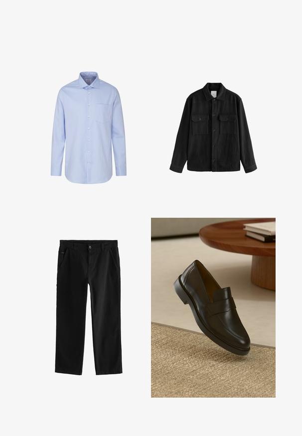Zwarte oversized shirt gemaakt van zachte stof, met lange mouwen, twee borstzakken, een knoopsluiting aan de voorkant en een klassiek kraagontwerp.; Lichtblauwe overhemd met lange mouwen van katoen, met een knoopsluiting aan de voorkant, kraag en een enkele borstzak. Gladde textuur.; Zwarte katoenen broek met een rechte pijpdesign, voorzien van een knoopsluiting aan de voorkant, schuine zijzakken en subtiele stikdetails.; Zwarte leren loafers met een gladde afwerking, een ronde neus en een decoratieve band over de bovenkant. Lage rubberen hak, geplaatst tegen een gestructureerde ondergrond.