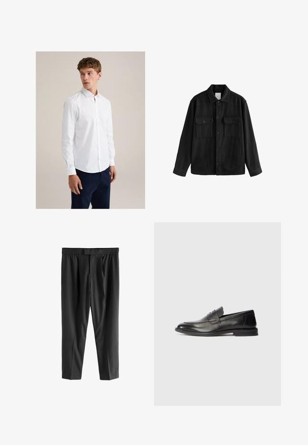 Musta ylipitkä paita, joka on valmistettu pehmeästä kankaasta. Paidan ominaisuuksiin kuuluvat pitkät hihat, kaksi rintataskua, nappisulku ja klassinen kaulussuunnittelu.; Nuori mies, jolla on kihara hius, pukeutuneena istuvaan valkoiseen nappipaitaan ja tummansinisiin housuihin, seisoo tasaisella beigeruudullisella taustalla.; Next REGULAR FIT -CHECK SMART - Chinot - black; Musta nahkakengät miehille, joissa on matala korko ja vaakasuuntainen yksityiskohta ylhäällä, esitetty sivuprofiilista valkoista taustaa vasten.