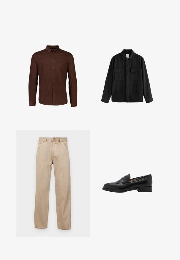 Zwarte oversized shirt gemaakt van zachte stof, met lange mouwen, twee borstzakken, een knoopsluiting aan de voorkant en een klassiek kraagontwerp.; Bruine button-up shirt gemaakt van gestructureerde stof. Bevat een klassieke kraag en een frontplacket met donkere knopen. Lange mouwen.; Beige denim jeans met een recht gesneden ontwerp, voorzien van voorzakken, een metalen knoopsluiting en een subtiele textuur.; Zwarte leren instappers met een gestikte voorkant en een platte hak. Glad van textuur met een ronde neus en een decoratieve band over de wreef.