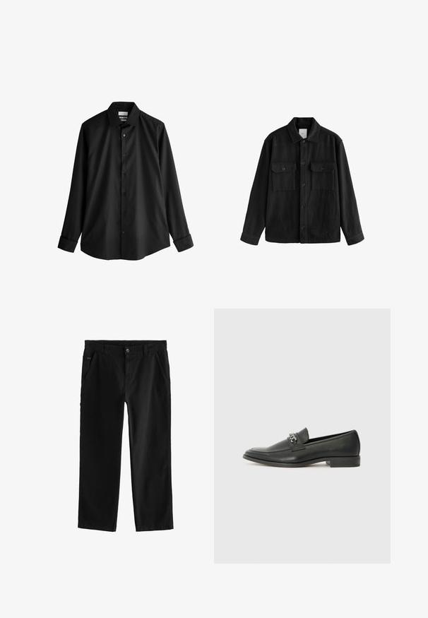 Chemise oversize noire en tissu doux, dotée de manches longues, de deux poches poitrine, d'une fermeture à boutons et d'un col classique.; Chemise noire à manches longues avec un col structuré, présentant une texture lisse et élégante, avec six boutons assortis sur le devant.; Pantalons en coton noir avec une coupe droite, dotés d'une fermeture à bouton à l'avant, de poches latérales en biais et de détails de couture subtils.; Mocassin en cuir noir avec une finition lisse, présentant un design cousu et une accent décoratif en chaîne métallique sur le rand. Talon plat.