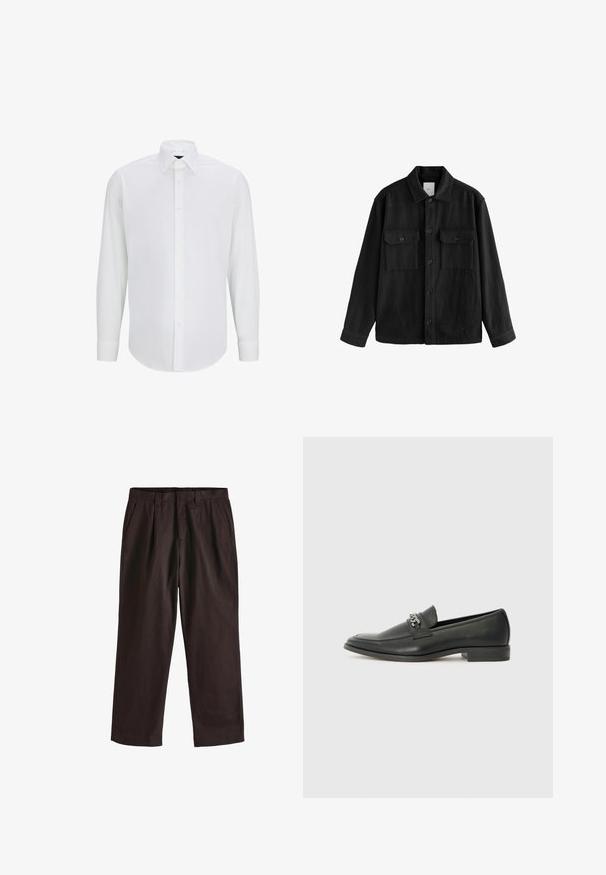 Fekete, túlnyúló ing puha anyagból, hosszú ujjakkal, két mellzsebbel, gombos elülső résszel és klasszikus gallér dizájnnal.; Fehér, hosszúujjú ing sima anyagból, standard gallérral, elől gombos záródással és lekerekített aljjal. Nincsenek látható minták vagy díszítések.; Next EDIT - REGULAR FIT - Nadrágok - brown; Fekete bőr loaferek sima felülettel, varrott mintával és díszítő fém lánccal a cipő elején. Lapos sarok.