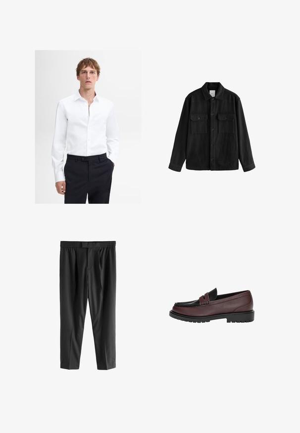 Czarna, oversize koszula wykonana z miękkiego materiału, z długimi rękawami, dwiema kieszeniami na piersi, z przodem zapinanym na guziki oraz klasycznym kołnierzem.; Biała koszula z długimi rękawami, z kołnierzykiem zapinanym na guziki i przednim zapięciem, noszona z ciemnymi, dopasowanymi spodniami. Gładki materiał, prosty design.; Next REGULAR FIT czarny; Skórzane mokasyny Bordeaux z czarną skórzaną cholewką, szczegółowym przeszyciem i teksturowaną gumową podeszwą. Klasyczny design z niskim obcasem.