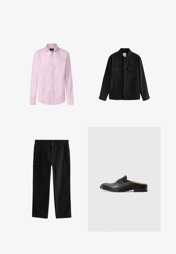Camicia nera oversize in tessuto morbido, con maniche lunghe, due tasche sul petto, chiusura a bottoni e un classico design del colletto.; Camicia a maniche lunghe rosa chiaro in lino, con chiusura a bottoni sul davanti, colletto a punta e orlo arrotondato. I bottoni sono di colore chiaro.; Pantaloni in cotone neri con design a gamba dritta, caratterizzati da una chiusura frontale con bottone, tasche laterali angolate e dettagli di cucitura discreti.; Scarpa nera in pelle senza lacci con punta arrotondata, tacco basso a blocco e una fascia anteriore. Texture liscia con un sottile dettaglio del logo sulla fascia.