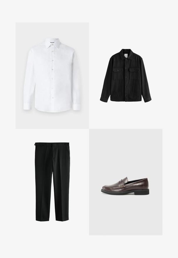 Melna pārspīlēta krekla, kas izgatavots no mīksta auduma, iezīme ir garas piedurknes, divas krūšu kabatas, pogu aizdare un klasiskā apkakle.; Balta garenā piedurkne krekls ar klasisku apkakli, pogu aizdari un noapaļotu apakšmalu. Izgatavots no gludas kokvilnas auduma bez rakstiem.; Melnas bikses ar taisnu kāju dizainu, izgatavotas no gludas auduma. Satur divus priekšējos kabatas un jostasvietu ar jostu cilpiņām.; Brūni ādas loaferi ar gludu apdari, ar smalku izšuvumu augšdaļā un melnu gumijas zoli.