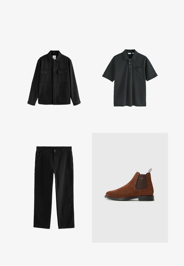 Melna pārspīlēta krekla, kas izgatavots no mīksta auduma, iezīme ir garas piedurknes, divas krūšu kabatas, pogu aizdare un klasiskā apkakle.; Melnā polo krekls, kas izgatavots no kokvilnas, ar apkakles kakla izgriezumu, trīs pogu aizdari, īsām piedurknēm un krūšu kabatu.; Melni kokvilnas bikses ar taisnu kāju dizainu, kas piedāvā priekšējo pogu aizdari, slīpas sānu kabatas un smalkas duršanas detaļas.; Brūni zamša Chelsea zābaki ar elastīgu sānu paneļa, cilpu aizmugurē, melnu zoli un smalku "GANT" logo uz sānu paneļa.
