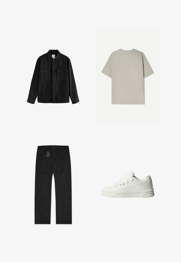 Black oversized shirt made of soft fabric, featuring long sleeves, two chest pockets, a button front, and a classic collar design.; Beige cotton t-shirt with short sleeves. Features a simple design and a round neckline. Smooth texture with minimal stitching on the back.; Black trousers made from woven fabric, featuring a straight-leg design, two side pockets, a front zipper, and an exterior loop detail.; White sneakers with a smooth leather exterior, cushioned tongue, flat laces, and textured accents on the sides and heel.
