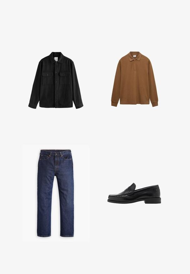 Crna oversized košulja od mekog materijala, s dugim rukavima, dva džepa na prsima, gumbom sprijeda i klasičnim dizajnom ovratnika.; Smeđi pamučni dukserica s dugim rukavima, s ovratnikom, kopčanjem na gumbe i rebrastim manžetama; glatka tekstura i opušteni kroj.; Tamno plave ravne traperice s prednjim dugmetom, patent zatvaračem, pet džepova i detaljima od bakrenih zakovica.; Crne kožne mokasine s glatkom površinom, šivenim detaljima na prstu i dizajnom niskog potplata za udobnost i stil.