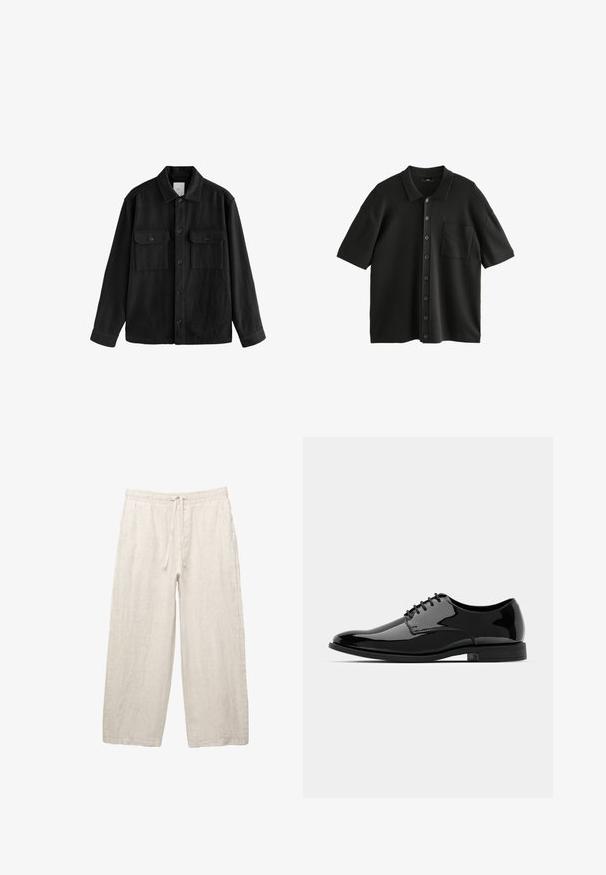 Crna oversized košulja od mekog materijala, s dugim rukavima, dva džepa na prsima, gumbom sprijeda i klasičnim dizajnom ovratnika.; Crna kratka majica s ovratnikom, izrađena od teksturirane tkanine, s dugmadi sprijeda i džepom na prsima. Dugmad su tamna i sjajna.; Linen hlače u svijetlo bež boji, s elastičnom strukom i užetom, širokog kroja, i bočnim džepovima. Glatka tekstura.; Crne lakirane kožne cipele s okruglim vrhom, s vezicama i glatkom, sjajnom površinom. Imaju nisku gumenu potplat.