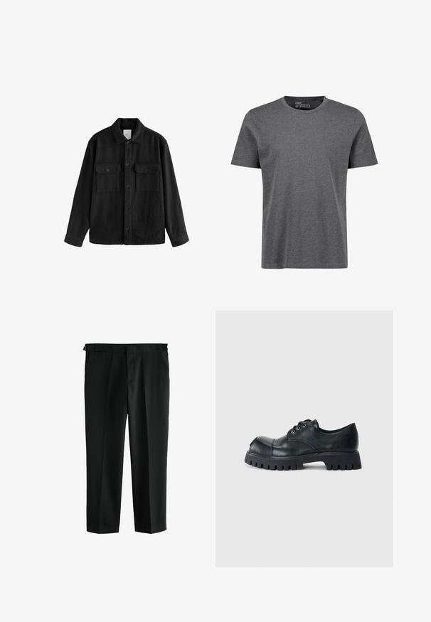 Svart oversized skjorta gjord av mjukt tyg, med långa ärmar, två bröstfickor, knappstängning fram och en klassisk kragsdesign.; Grå, regular-fit T-shirt med kort ärm gjord av mjukt material. Har en rund halsringning och axelsömmar med minimal sömnadsdetalj.; Svarta byxor med rak passform, tillverkade av mjukt tyg. Har två framfickor och en midja med bälteshällor.; Svarta läder snörskor med rund tå, kraftig gummisula och dekorativ sömnad på ovandelen. Strukturerat material och robust design.