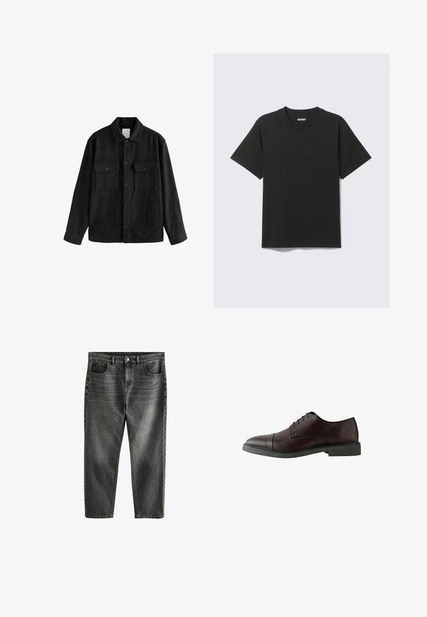 Camicia nera oversize in tessuto morbido, con maniche lunghe, due tasche sul petto, chiusura a bottoni e un classico design del colletto.; T-shirt nera a maniche corte in morbido cotone, con scollo rotondo e design semplice senza motivi o accenti.; Jeans in denim grigio scuro con una vestibilità comoda, cinque tasche, leggera scoloritura e cuciture a contrasto. Chiusura con bottone metallico e zip.; Scarpa in pelle bordeaux scuro con lacci, punta arrotondata, suola nera piatta, dettagli di cucitura minimi e texture liscia.