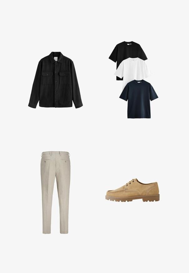 Juodas per didelis marškinis, pagamintas iš minkštos medžiagos, su ilgomis rankovėmis, dviem krūtinės kišeliais, mygtukais priekyje ir klasikiniu apykaklės dizainu.; Trys trumpų rankovių marškiniai, sudėti vienas ant kito: vieni juodi, vieni balti ir vieni tamsiai mėlyni. Pagaminti iš medvilnės, su apvalia kaklo iškirpte ir laisvu pritaikymu.; Šviesiai bežinės lino kelnes su tekstūruotu paviršiumi. Yra dvi užpakalinės kišenės su mygtukais ir diržo kilpos reguliuojamam pritaikymui.; Šviesiai rudos zomšinės batai su raišteliais, apvaliu pirštu, kontrastingomis siūlėmis ir storesniu guminiu padu su grublėta struktūra, užtikrinančia sukibimą.