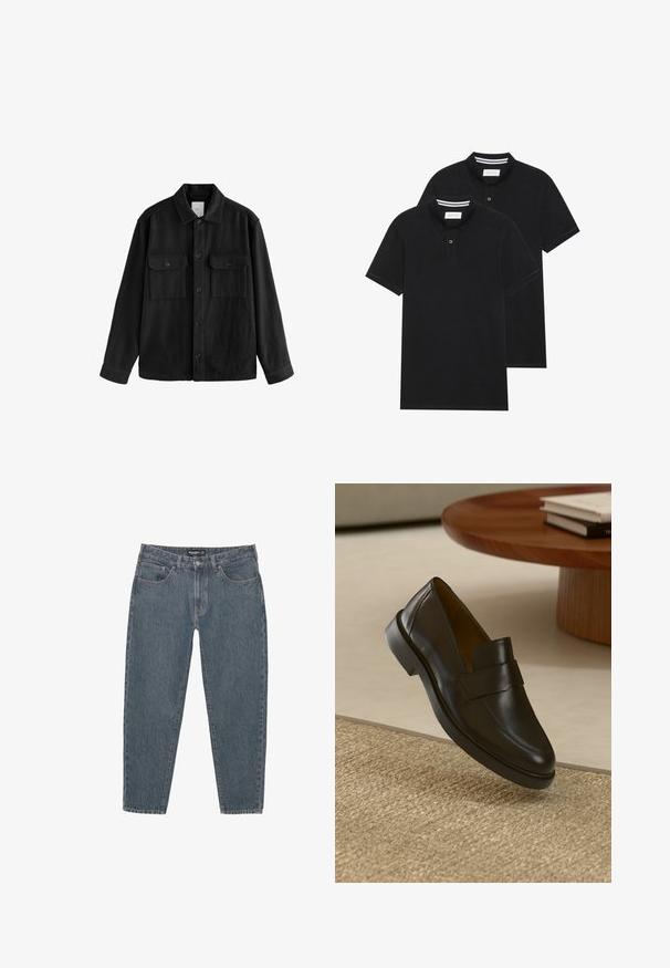 Musta ylipitkä paita, joka on valmistettu pehmeästä kankaasta. Paidan ominaisuuksiin kuuluvat pitkät hihat, kaksi rintataskua, nappisulku ja klassinen kaulussuunnittelu.; Kaksi mustaa lyhythihaista poolopaitaa, puuvillamateriaalia, joissa on klassinen kaulus, kahden napin napitus ja valkoiset raidat kauluksen sisällä.; Tummansiniset farkut rentoa istuvuutta, viisi-taskista muotoilua, napitus ja hieman kuluneet lahkeensuukkeet. Kestävä materiaali, jossa on hienovarainen tekstuuri.; Musta nahkakengät, joissa on sileä pinta, pyöreä kärki ja koristeellinen hihna yläosassa. Matala kuminen korko, joka on asetettu tekstuuripinnalle.