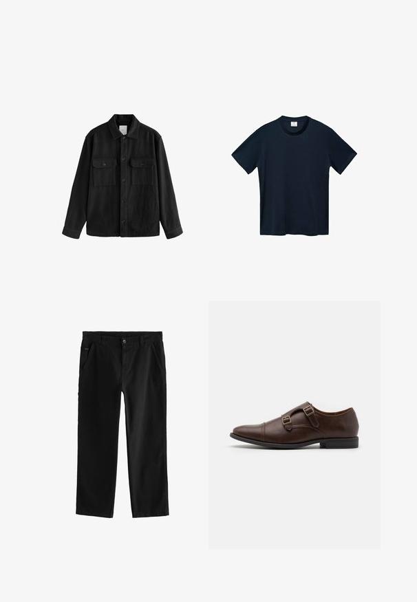 Black oversized shirt made of soft fabric, featuring long sleeves, two chest pockets, a button front, and a classic collar design.; Navy blue short-sleeve t-shirt made from soft cotton, featuring a round neckline and clean, straight-cut hem with no visible patterns.; Black cotton pants with a straight leg design, featuring a front button closure, angled side pockets, and subtle stitching details.; Brown leather dress shoe with a pointed toe, featuring two adjustable buckles and a sleek low-profile design. Flat black rubber sole.