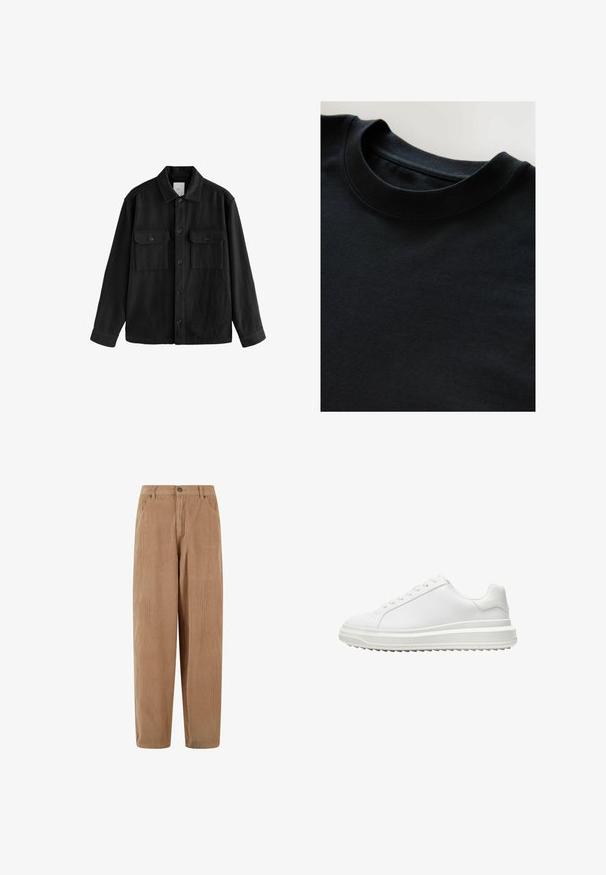Fekete, túlnyúló ing puha anyagból, hosszú ujjakkal, két mellzsebbel, gombos elülső résszel és klasszikus gallér dizájnnal.; Fekete kereknyakú póló, puha, texturált anyagból, rövid ujjakkal és sima dekoltázssal. Egyszerű design minta vagy nyomat nélkül.; Világosbarna kordbársony nadrág, egyenes szárú fazonban, gombos záródással és oldalsó zsebekkel, dombornyomott bordás felülettel.; Fehér edzőcipő sima szintetikus felsőrész, kerek orr, lapos fűzők, texturált talp és réteges, platform dizájn a magasabb megjelenés érdekében.