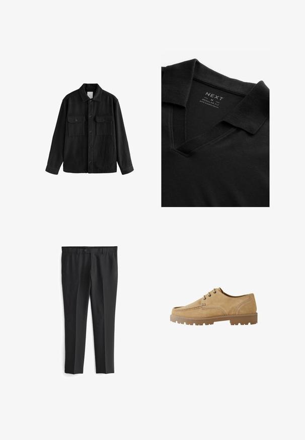 Schwarzes, übergroßes Hemd aus weichem Material, mit langen Ärmeln, zwei Brusttaschen, Knopfverschluss und klassischem Kragen.; Schwarzes Polohemd mit V-Ausschnitt und strukturiertem Stoff. Verfügt über einen umgeschlagenen Kragen und ein Etikett mit Marken- und Größeninformationen. Reguläre Passform.; Schwarze maßgeschneiderte Hose mit flachem Vorderteil, zwei seitlichen Taschen und Knopfverschluss. Glatte Textur und gerade Beinform.; Beige Wildleder Schnürschuhe mit runder Zehenform, kontrastierenden Nähten und einer dicken Gummisohle mit einem Profilmuster für besseren Halt.