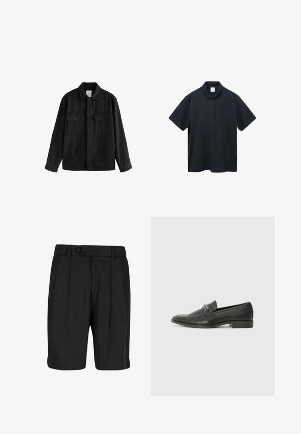 Black oversized shirt made of soft fabric, featuring long sleeves, two chest pockets, a button front, and a classic collar design.; Navy blue cotton polo shirt with a collar, two-button placket, short sleeves, and a straight hem. No visible patterns or logos.; Black shorts made of fabric with a smooth texture, featuring pleats, a button closure, and a cuffed hem for a structured appearance.; Black leather loafer with a smooth finish, featuring a stitched design and a decorative metal chain accent across the vamp. Flat heel.