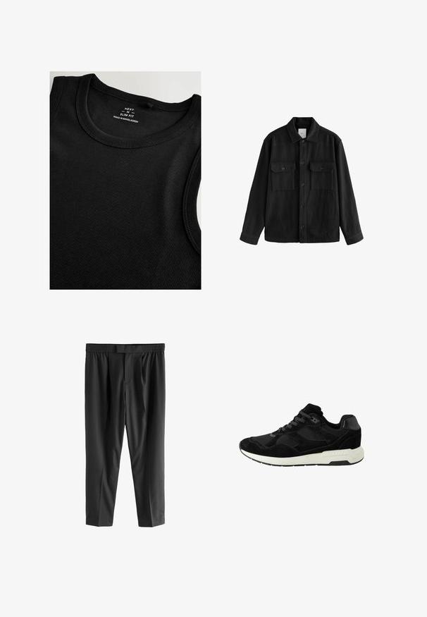 Črna oversize srajca iz mehkega materiala, z dolgimi rokavi, dvema žepoma na prsih, z gumbi na sprednji strani in klasično zasnovo ovratnika.; Črna majica brez rokavov iz rebraste tkanine z ozkim krojem. Ima okroglo izreza in ravne šive za gladek zaključek.; Next REGULAR FIT -CHECK SMART - Hlače chino - black; Črne atletske čevlje iz semiša in mrežastega materiala z zaobljenim prstom, zavezovanjem na vezalke in belim gumijastim podplatom z teksturiranimi detajli.