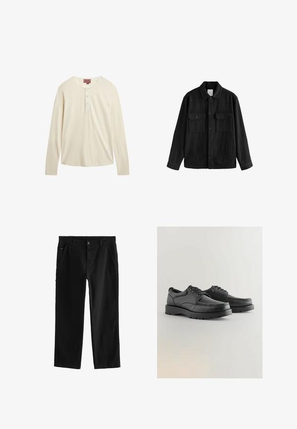Zwarte oversized shirt gemaakt van zachte stof, met lange mouwen, twee borstzakken, een knoopsluiting aan de voorkant en een klassiek kraagontwerp.; Lange mouw, henley-stijl shirt in crèmekleurige stof met een zachte textuur, met een drieknoopssluiting en een gebogen zoom.; Zwarte katoenen broek met een rechte pijpdesign, voorzien van een knoopsluiting aan de voorkant, schuine zijzakken en subtiele stikdetails.; Zwarte leren schoenen met een gestructureerde bovenkant, ronde neus, vetersluiting en dikke rubberen zolen met een patroon.