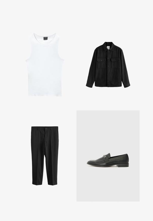 Črna oversize srajca iz mehkega materiala, z dolgimi rokavi, dvema žepoma na prsih, z gumbi na sprednji strani in klasično zasnovo ovratnika.; Bela brezrokavna majica iz rebraste bombažne tkanine. Ima zaobljen ovratnik in gladko teksturo. Etiketa nosi napis "PULL&BEAR."; Next REGULAR FIT - Hlače za moške obleke - black; Črni usnjeni loafer z gladko površino, ki ima šivano zasnovo in dekorativni kovinski verižni naglas preko vampirja. Ravno peto.
