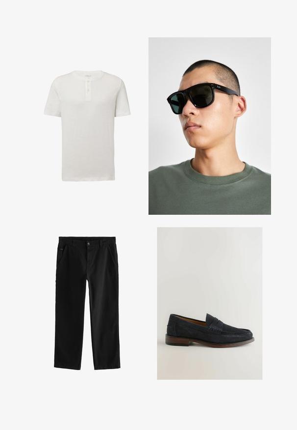 Must have suure ja pehmest kangast oversize-särk, millel on pikad varrukad, kaks rinnataskut, nööpidega esiosa ja klassikaline krae.; Valge lühikeste varrukatega T-särk, millel on ümmargune kaelus, kahetänavaline nööpauk ja õrn tekstuur. Rinnal on väike logo.; Mustpeadest puuvillased püksid otselegii disainiga, millel on ees asuv nööbi sulgemine, kaldenurkadega külgtaskud ja peened õmblemise detailid.; Tumedate sinine sametist loafers, millel on õmmeldud aksent ja madal pruun puithöövel. Ümar varvas ja libisev disain, ilma nähtava riistvaraeta.; Mustade ristküliku kuju prillid tumedate läätsedega, millel on eriline kuju ja bränding templil. Kanda inimese poolt, kellel on seljas roheline särk.