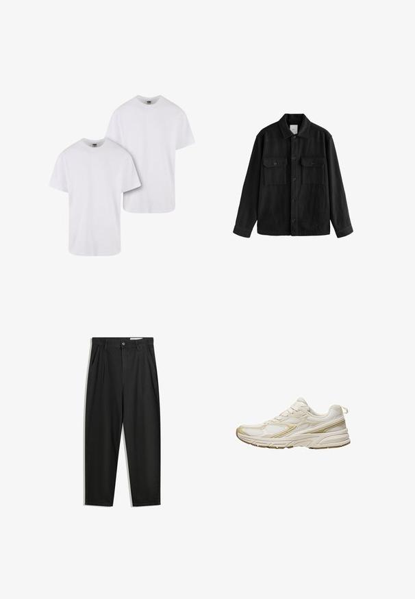 Černá oversized košile vyrobená z měkké látky, s dlouhými rukávy, dvěma náprsními kapsami, předním zapínáním na knoflíky a klasickým límcem.; Dvě bílé bavlněné trička s krátkým rukávem, kulatým výstřihem, volným střihem, hladkou texturou a bez viditelných vzorů nebo grafik.; Černé bavlněné kalhoty s uvolněným střihem, klasickým pasem, předními záhyby a bočními kapsami. Hladká textura bez vzorů.; Bílé sportovní boty vyrobené z prodyšné síťoviny a syntetického materiálu, s zaoblenou špičkou, měkčenou podrážkou a béžovými akcenty po stranách.